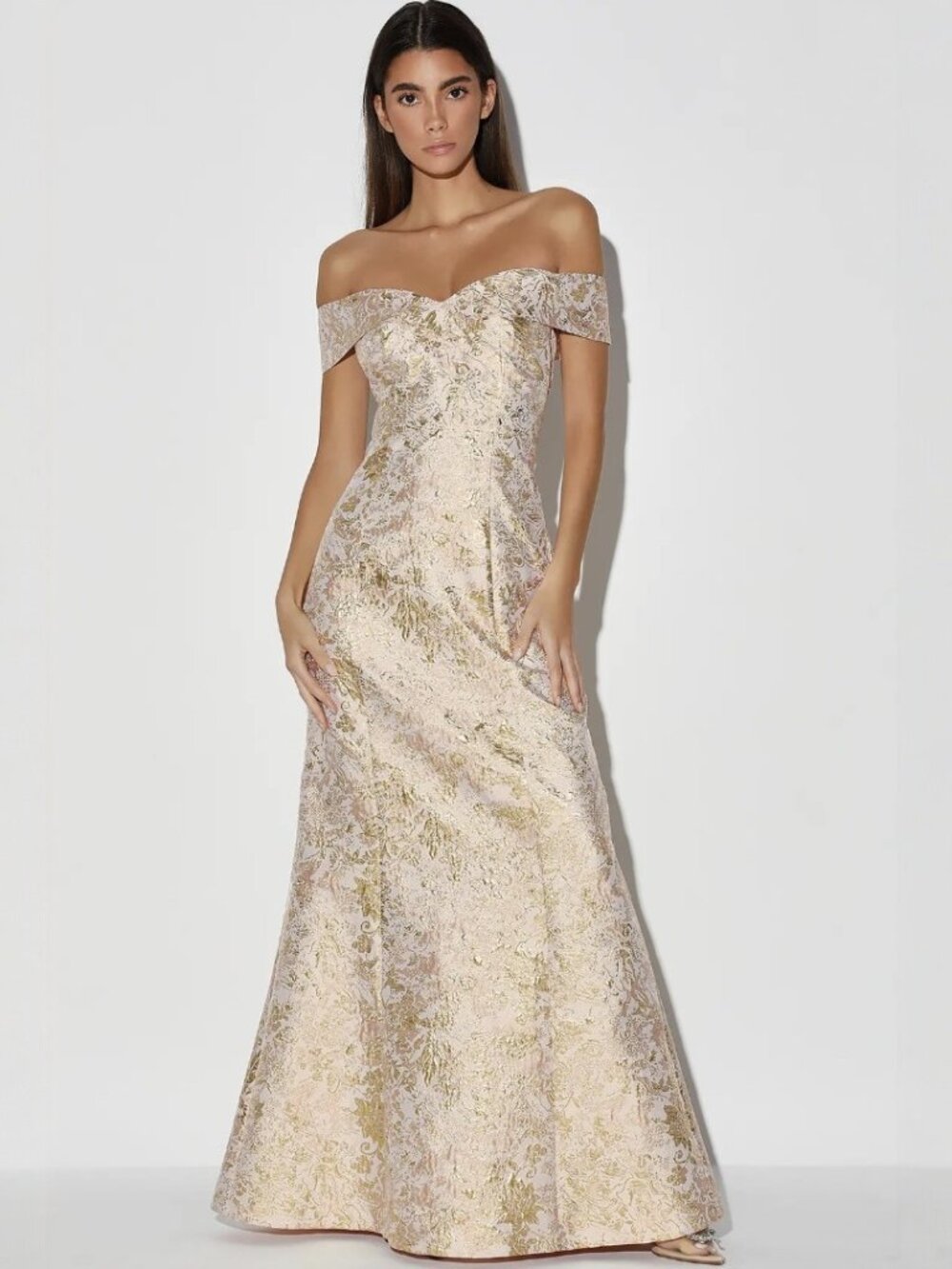 Lulu's Blush Pink and Gold Off-Shoulder Jacquard Gown